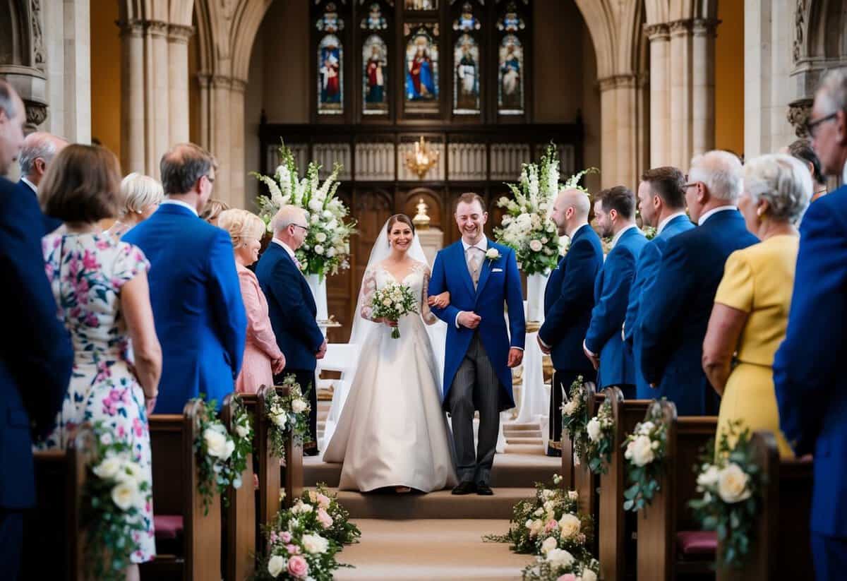 A traditional British wedding ceremony with guests, flowers, and a bride and groom at the altar