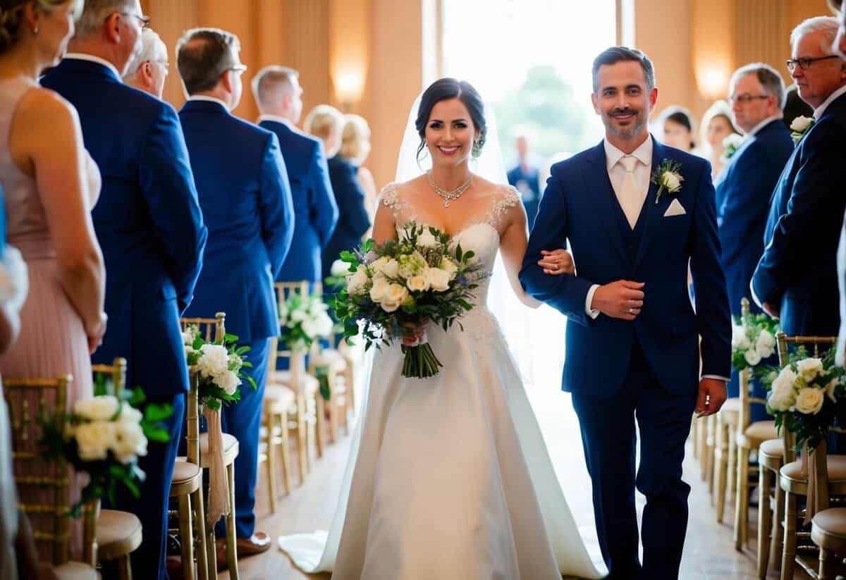 A woman in elegant attire escorts the groom's mother down the aisle