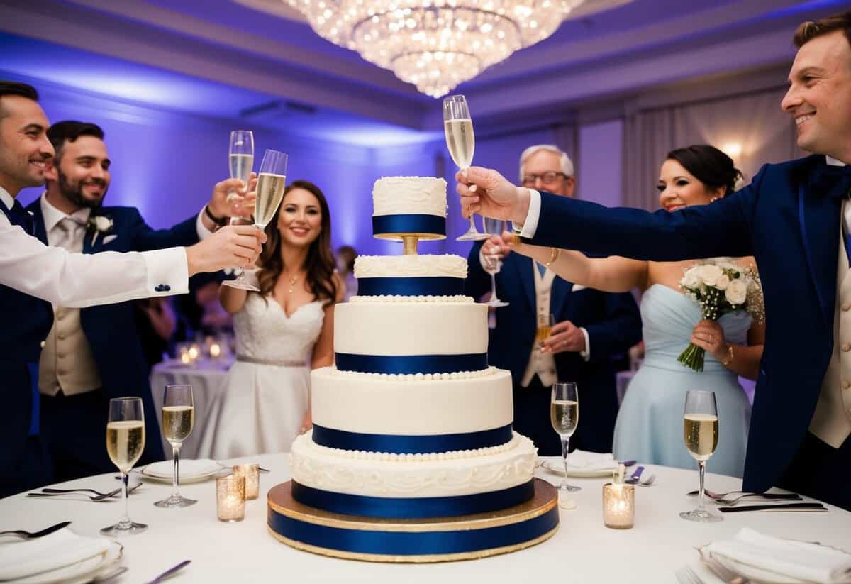 A traditional British wedding reception with a tiered wedding cake, champagne glasses, and guests raising a toast