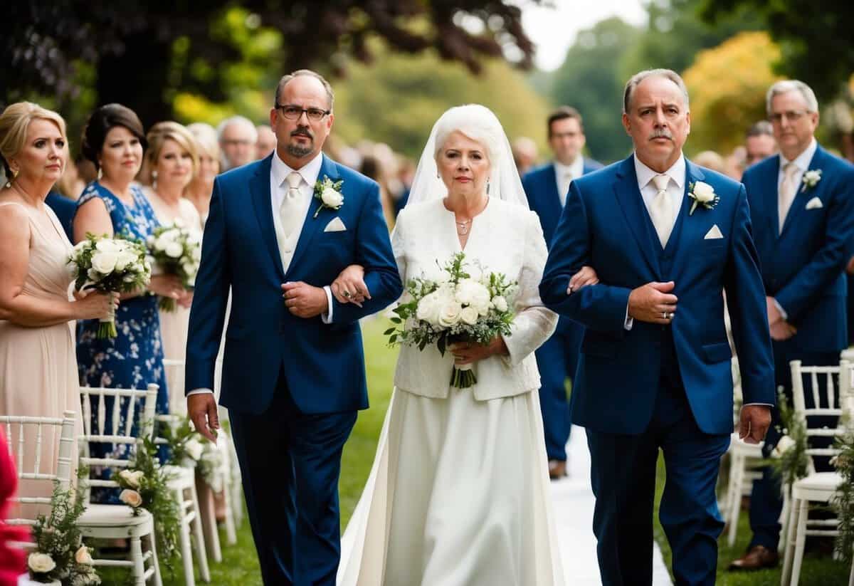 The groom's mother walks with dignity in the wedding processional, following behind the groom and his father