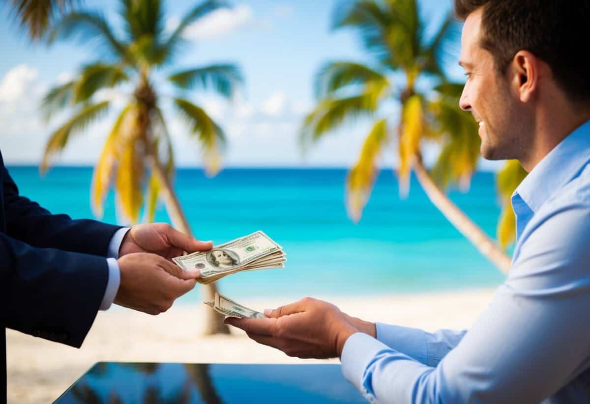 A man handing over money to a travel agent, with a tropical beach and palm trees in the background