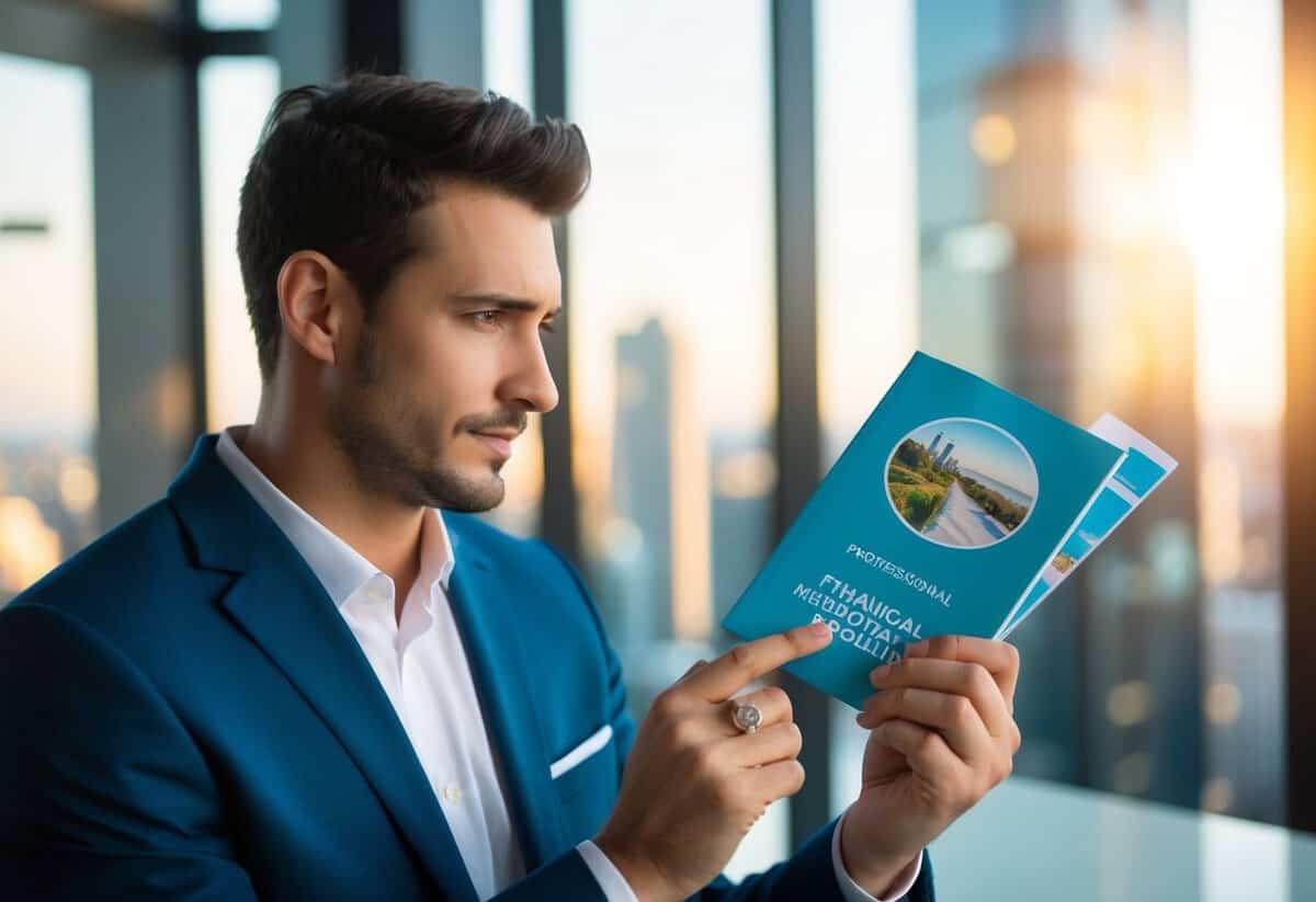 A man holding a wedding ring and a travel brochure, pondering financial responsibilities