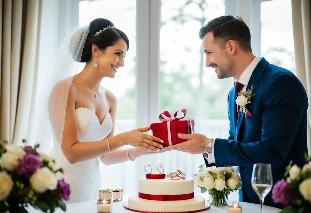 A bride presents a gift to a groom, surrounded by symbols of love and marriage, such as rings, flowers, and a wedding cake