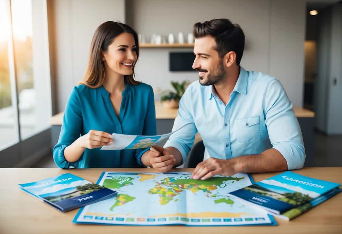 A couple sitting at a table with a map and travel brochures, discussing and planning their dream honeymoon