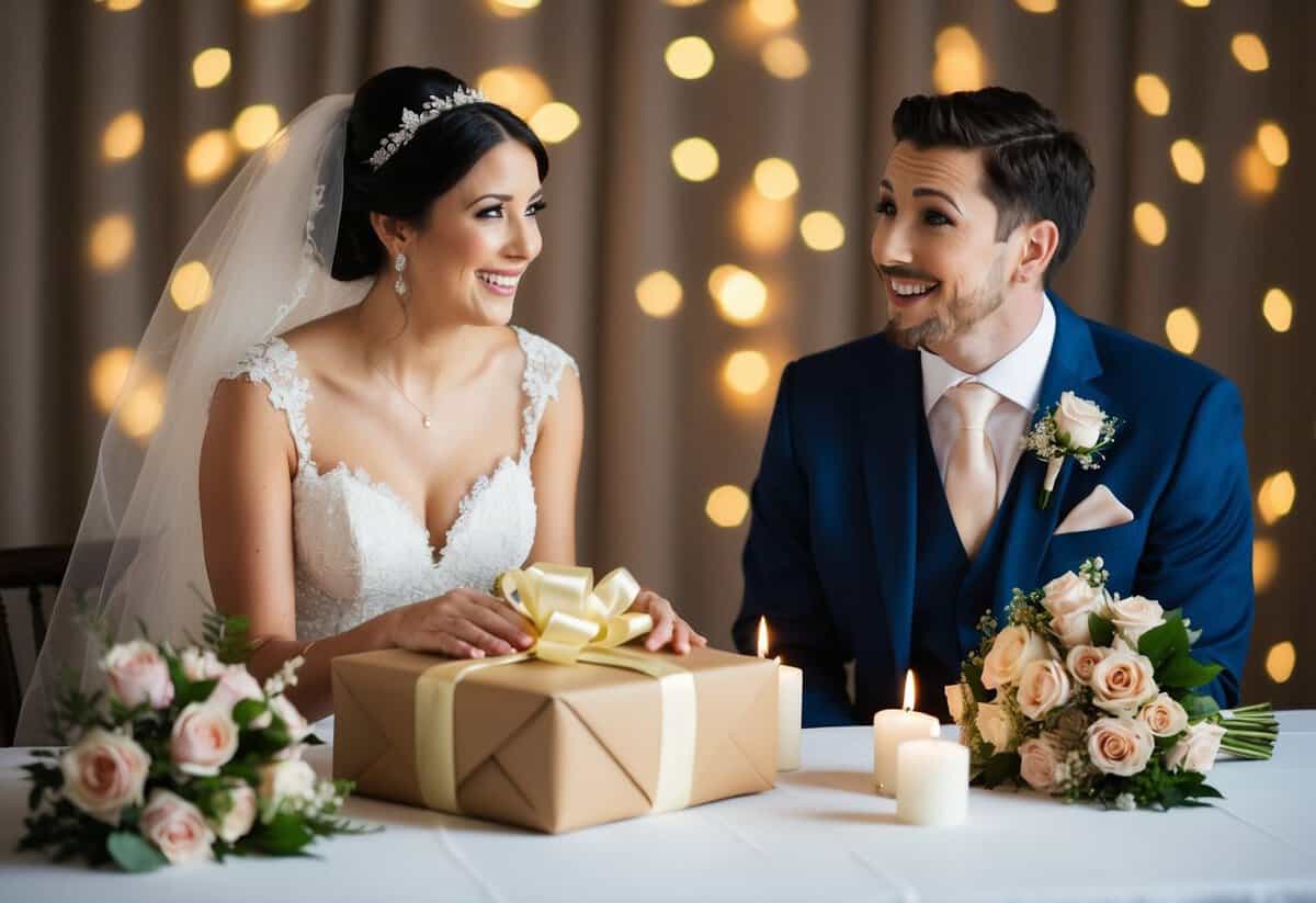 A bride presents a carefully wrapped gift to her groom, who looks on with a surprised and grateful expression. Flowers and candles adorn the scene