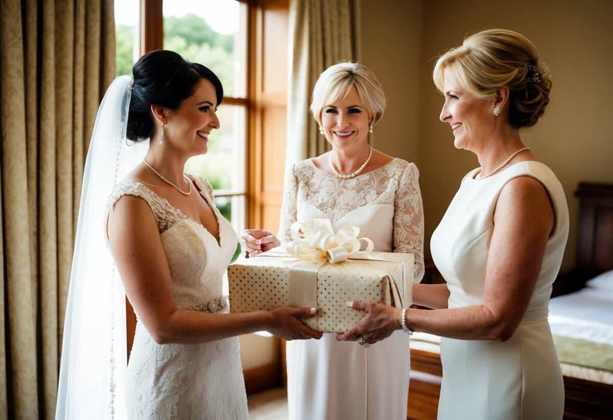 A mother of the bride presents a beautifully wrapped wedding gift to the newly married couple