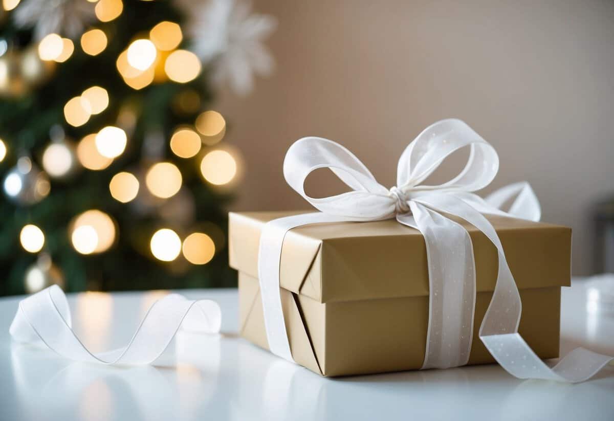 A beautifully wrapped gift box sits on a table, adorned with delicate ribbons and bows