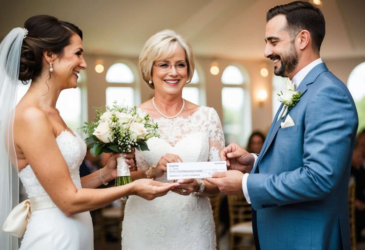The mother of the bride presents a check to the newlyweds as a wedding gift
