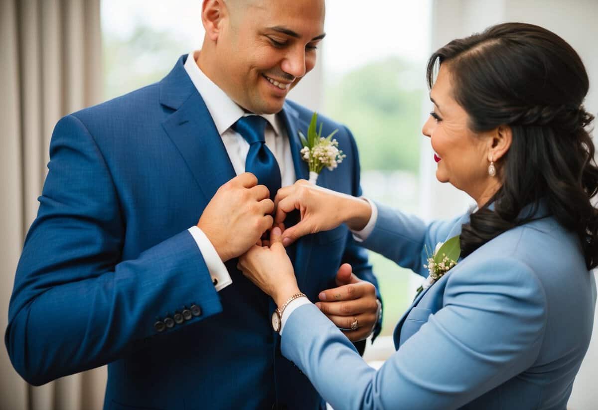 A mother carefully arranges her son's suit, placing a boutonniere on his lapel and adjusting his tie with a proud smile