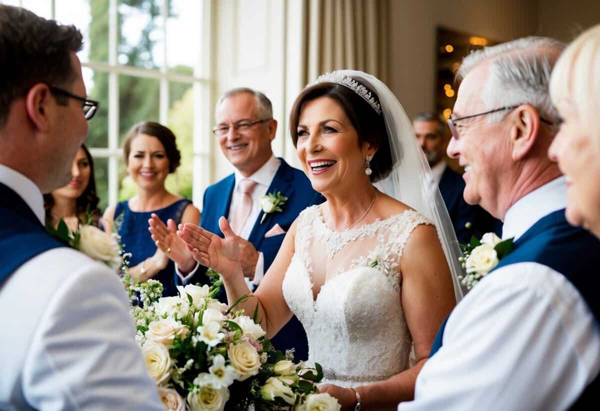 A beaming mother of the bride receives congratulations from wedding guests, surrounded by flowers and elegant decor