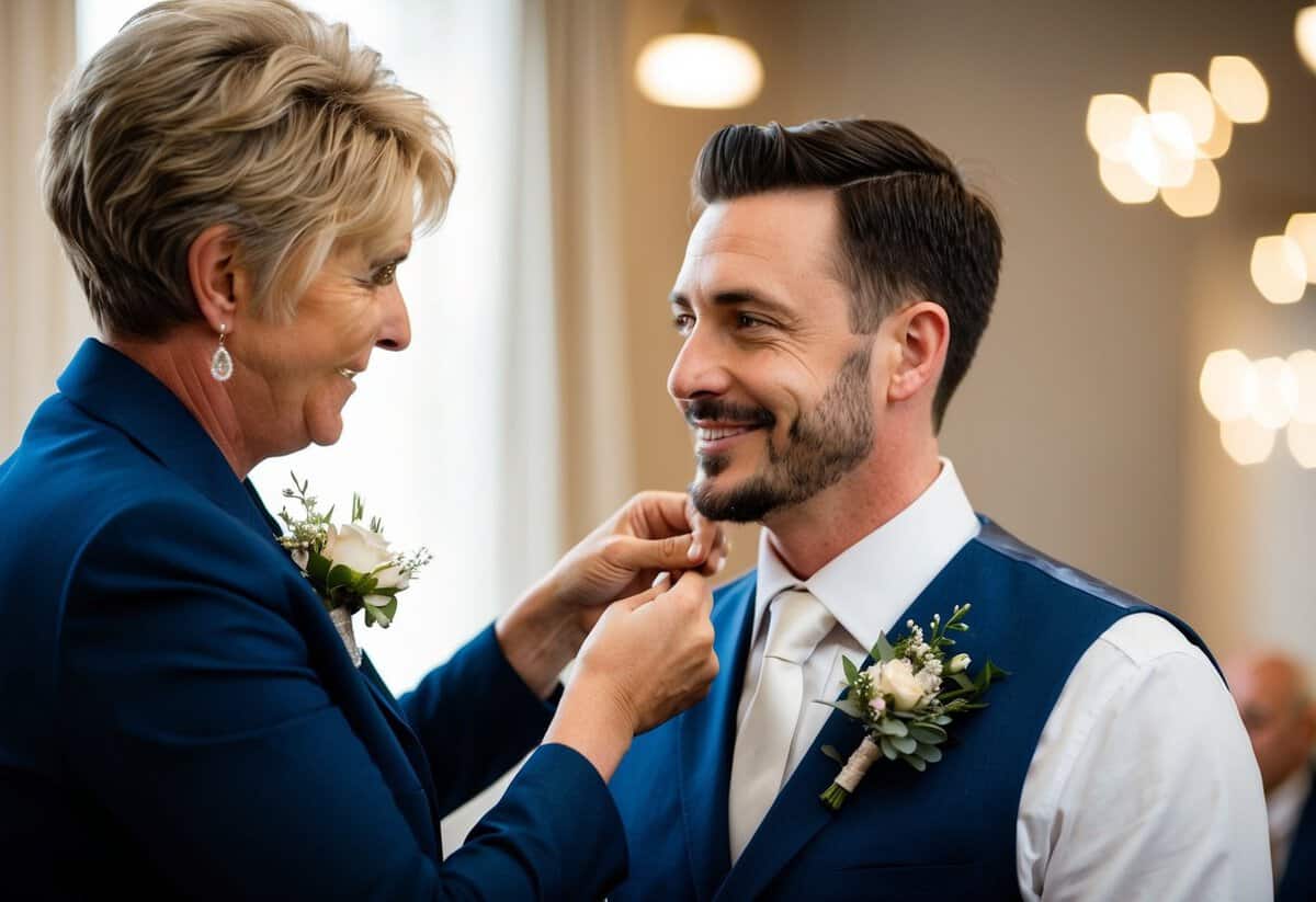 A mother lovingly pins a boutonniere onto her son's lapel on his wedding day, as he looks at her with gratitude and affection