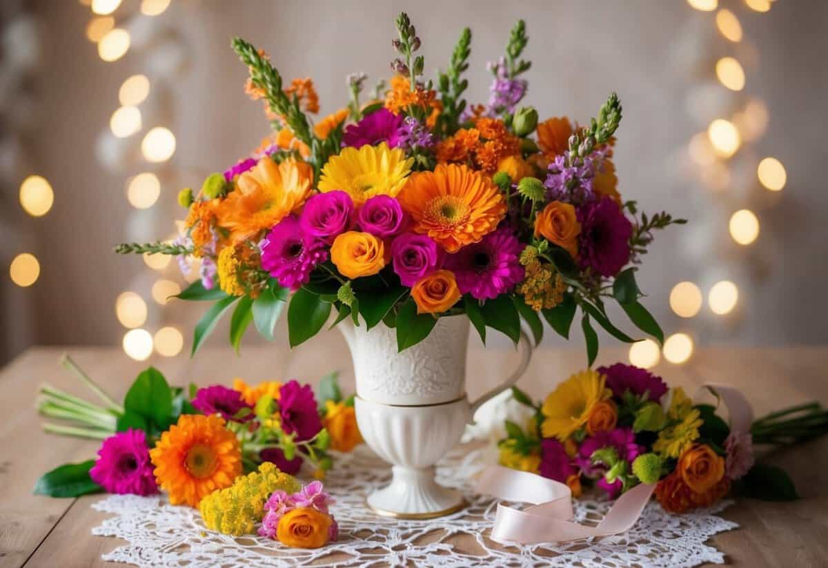 A bouquet of vibrant flowers arranged in a delicate vase, surrounded by elegant lace and ribbon, exuding warmth and joy