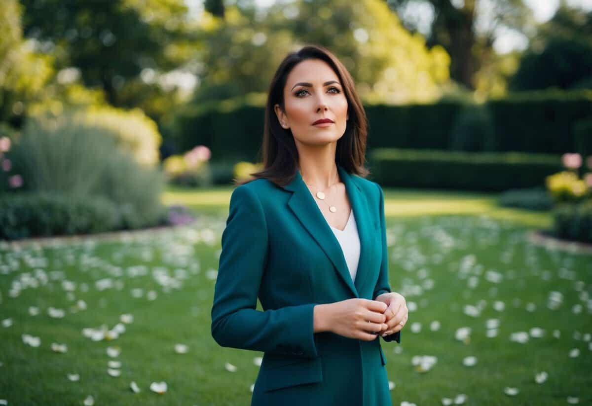 A woman standing alone, looking contemplative in a garden with scattered flower petals
