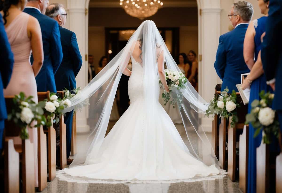 A bride tripping over her long veil while walking down the aisle