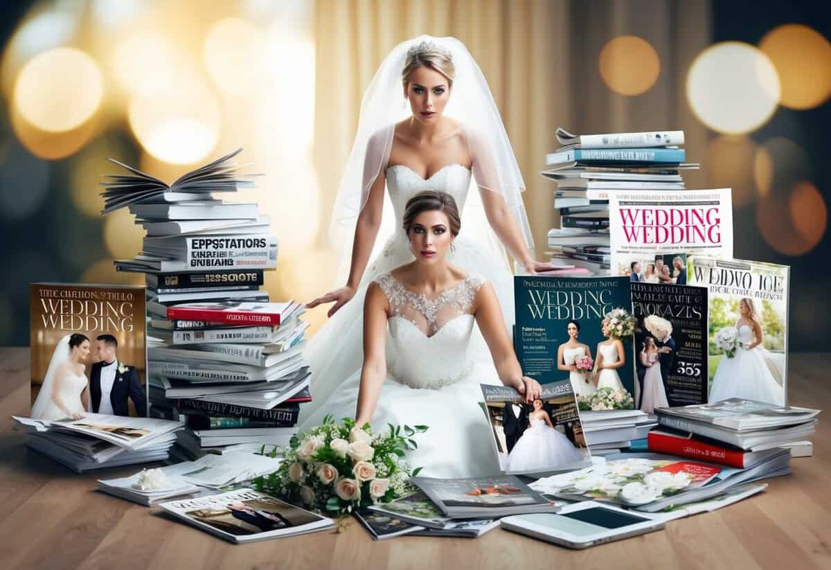 A bride surrounded by a clutter of unrealistic expectations, with a pile of wedding magazines and online articles depicting extravagant weddings