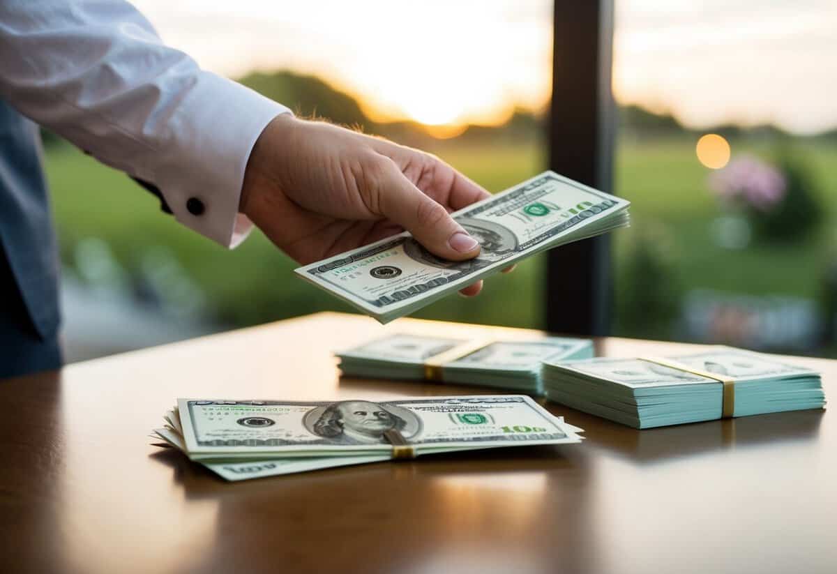 A person placing a stack of money on a table next to a wedding invitation