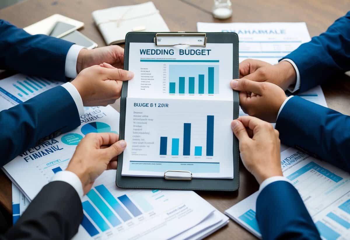 A couple's hands holding a wedding budget spreadsheet, surrounded by wedding magazines and financial documents