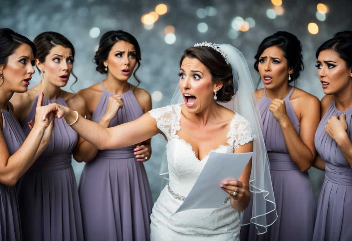 A bride frantically gesturing at her bridesmaids, who look confused and overwhelmed. The bride is holding a long list of demands while the bridesmaids look stressed