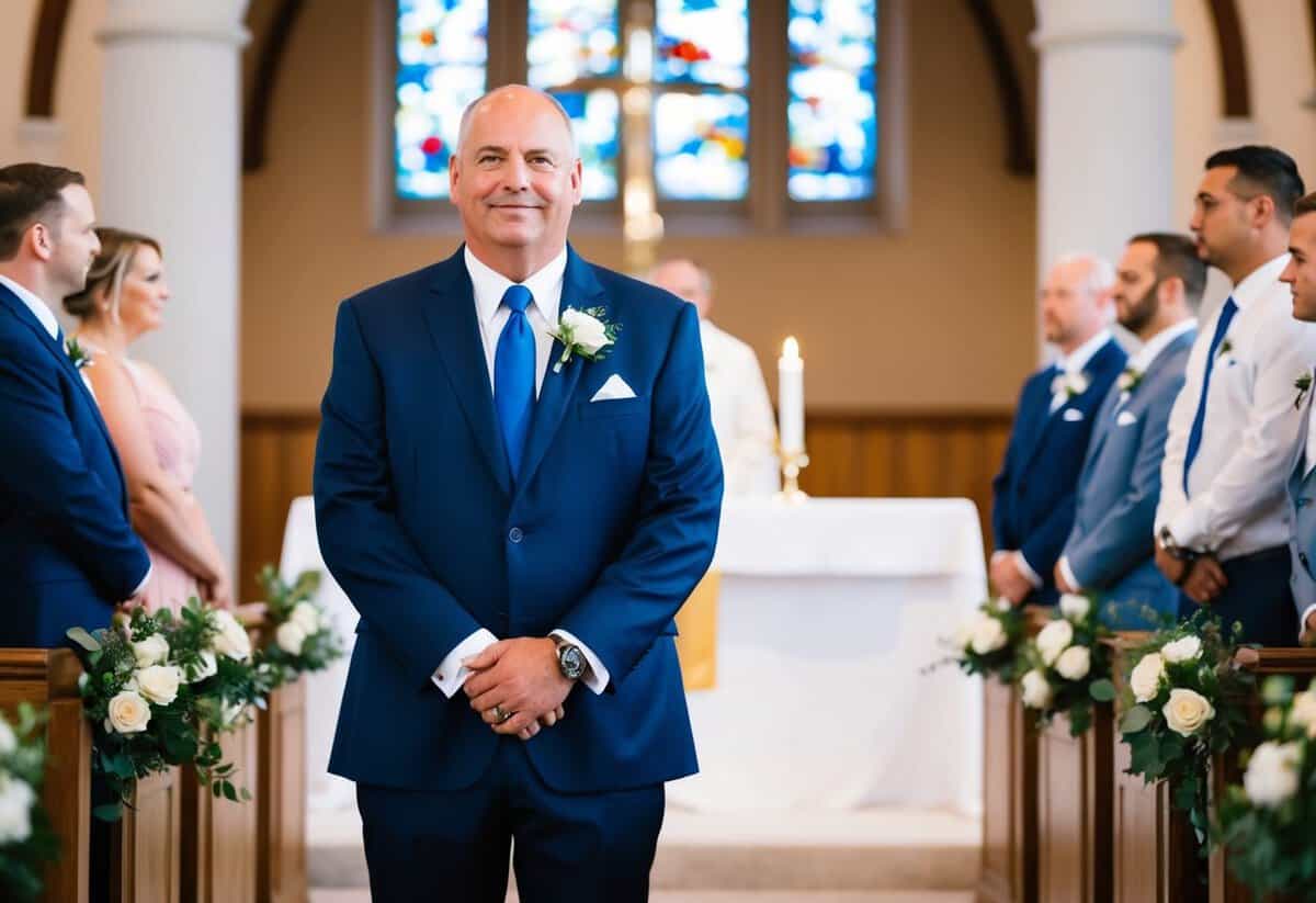 A proud father stands at the altar, wearing a classic navy blue suit with a crisp white shirt and a matching blue tie