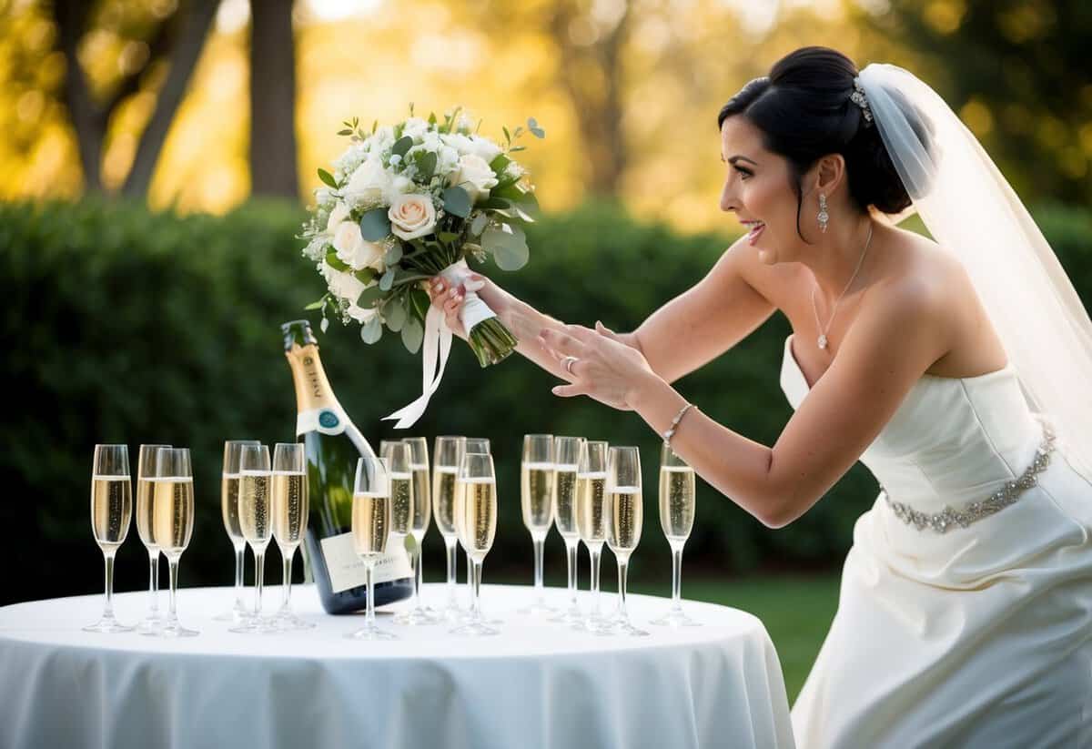 A bride knocking over a table of champagne glasses while reaching for her bouquet