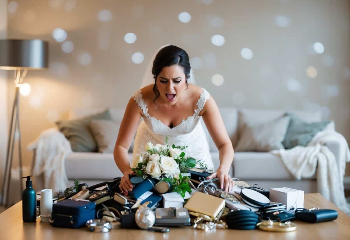 A bride frantically searching through a disorganized pile of scattered wedding accessories, looking stressed and overwhelmed