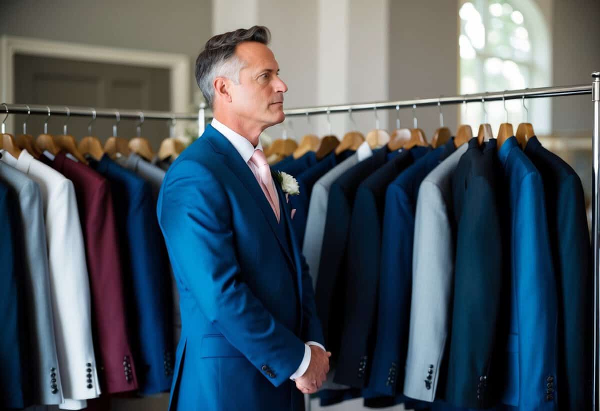 A well-dressed man standing in front of a rack of suits, contemplating the color options available for the father of the bride