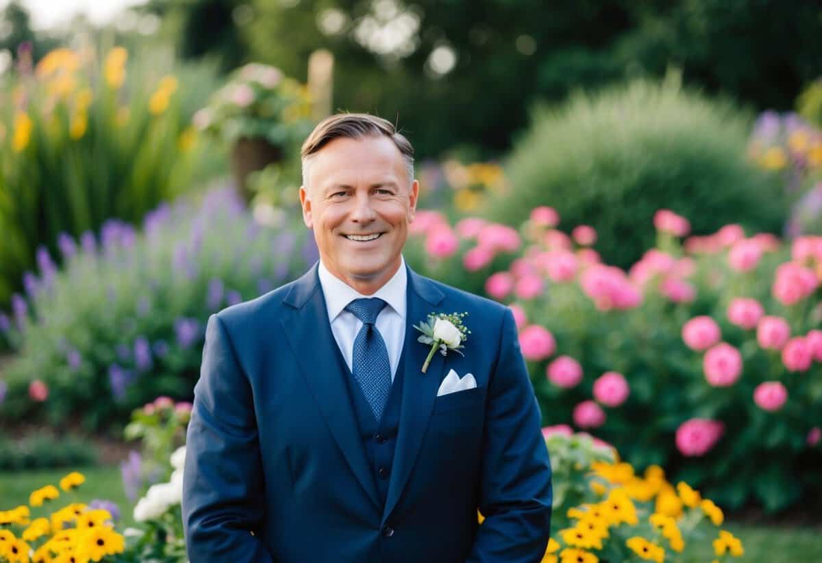 A proud father stands in a garden, surrounded by vibrant flowers. He wears a handsome navy suit with a matching tie, adding a touch of sophistication to the joyful occasion