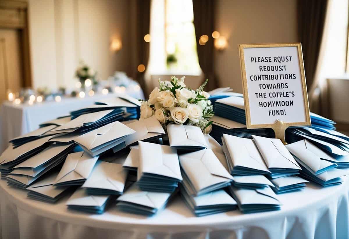 A wedding gift table overflowing with envelopes and cards, adorned with a sign requesting contributions towards the couple's honeymoon fund