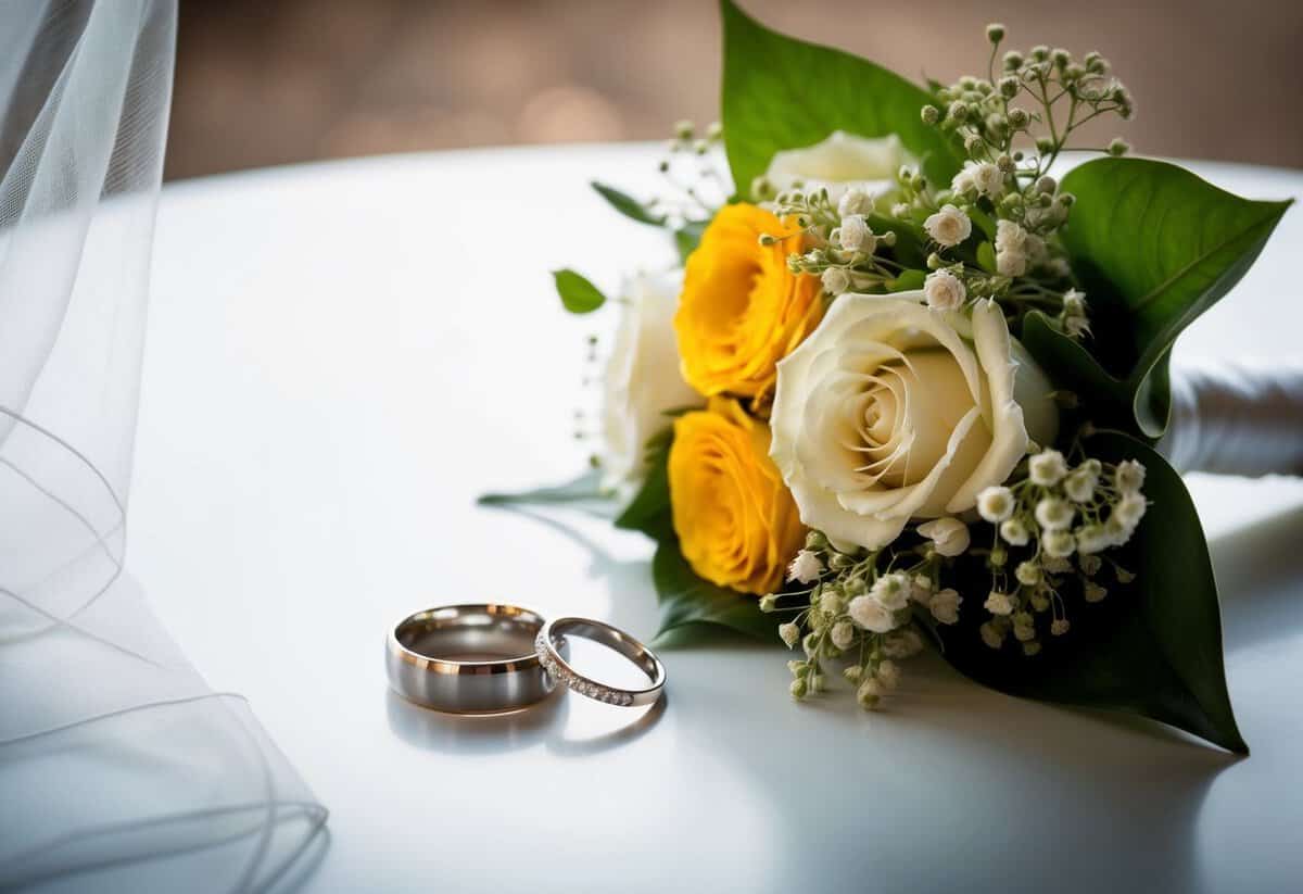 A wedding ring sits on a table next to a bridal bouquet and veil