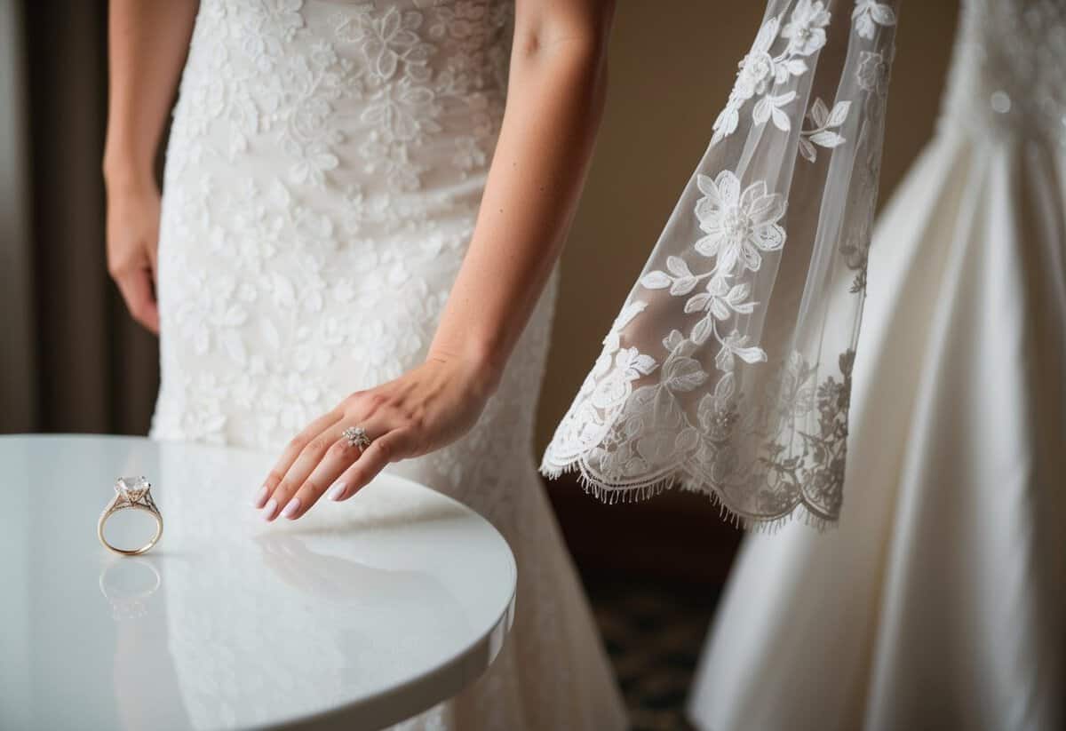 A bride's hand reaching for a delicate lace wedding dress, with a sparkling engagement ring placed on a nearby table