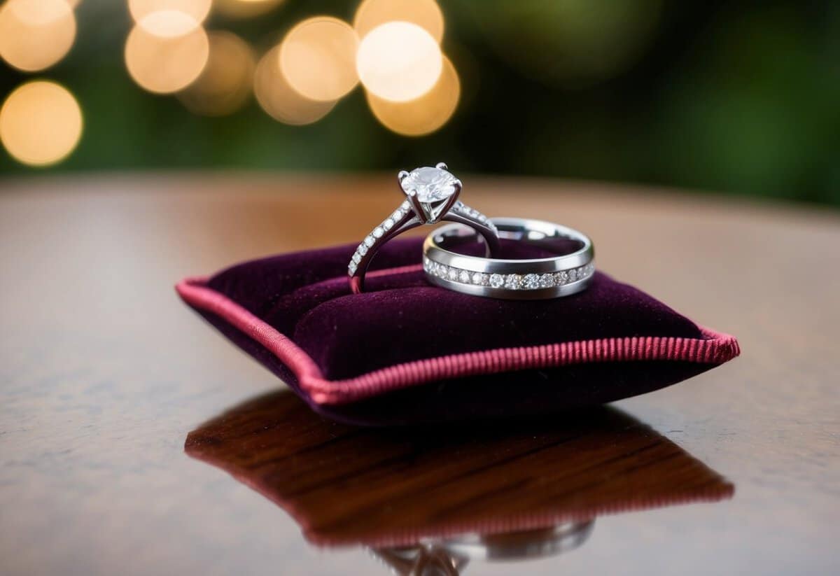 An engagement ring sits on a velvet cushion, while a wedding band rests beside it on a polished wooden surface