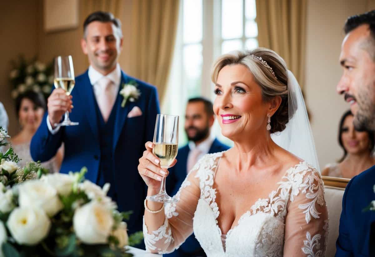 The mother of the bride raises her glass in a toast, her eyes filled with pride and joy as she speaks heartfelt words to the newlyweds