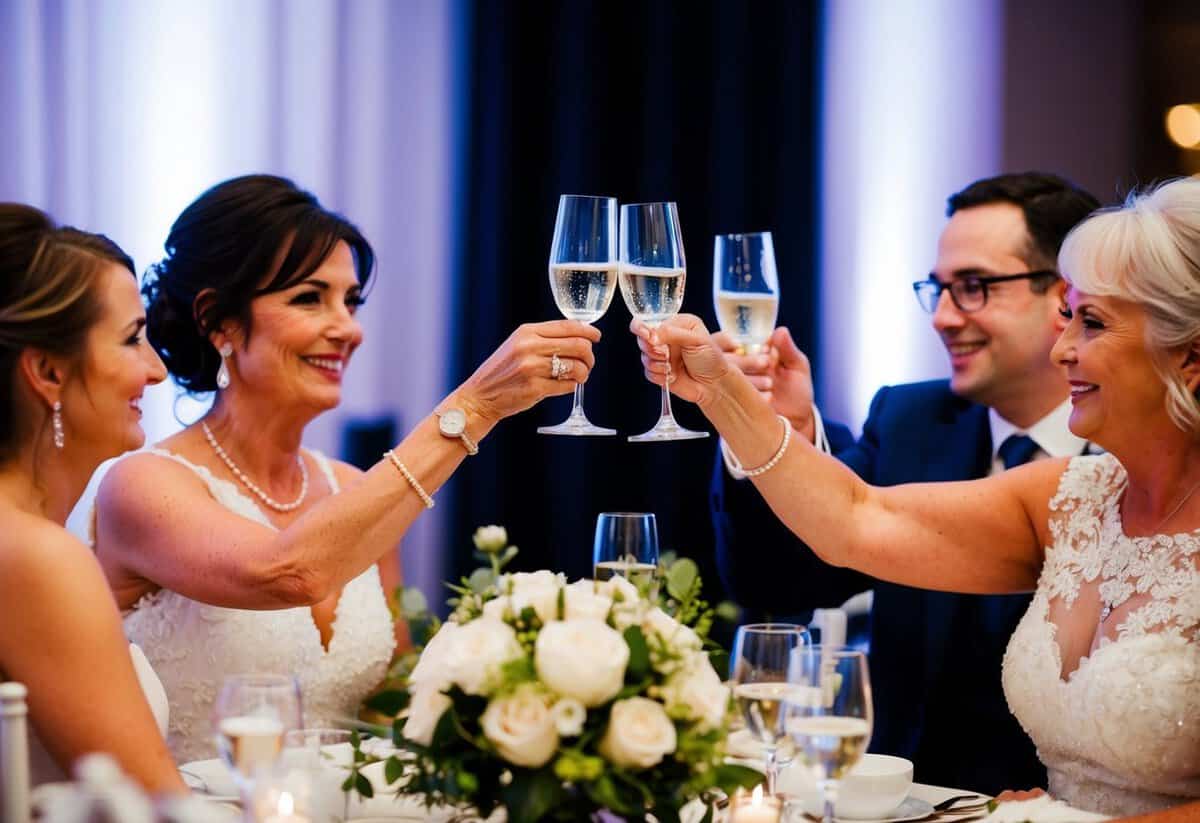 The mother of the bride raises a glass for a toast during the wedding reception