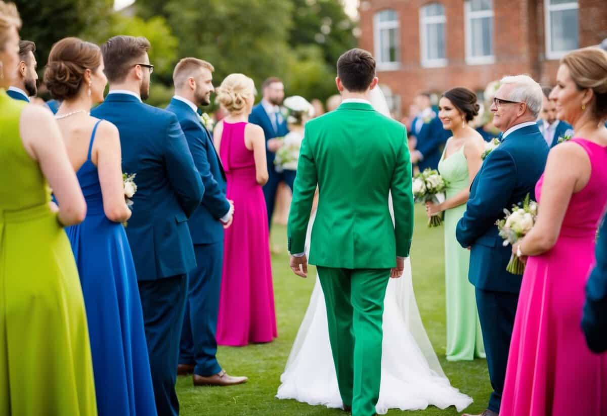 A wedding scene with guests wearing various colors, but the person in green stands out and draws attention away from the bride and groom