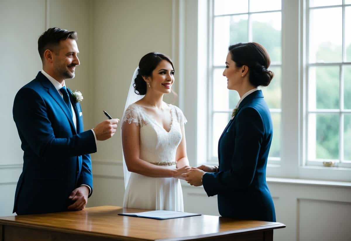 A couple stands before a registrar in a simple, elegant room with large windows. The registrar holds a pen and looks expectantly at the couple