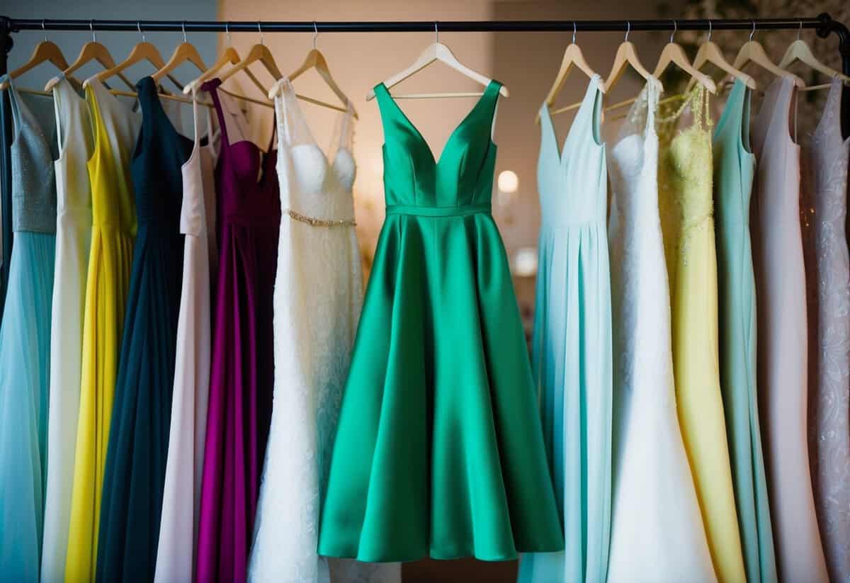 A lush green dress hanging on a rack, surrounded by elegant wedding attire in various colors