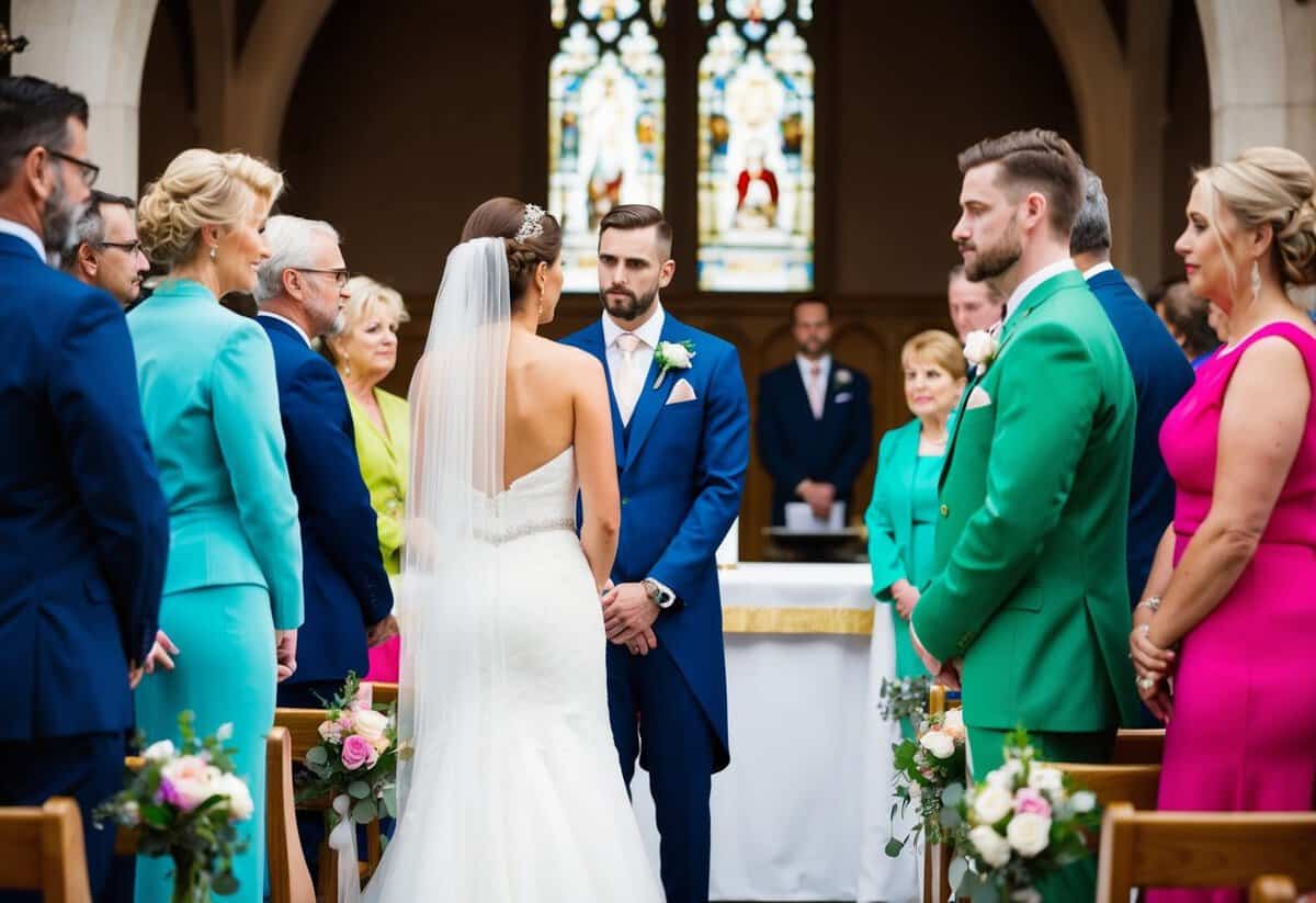 A bride and groom standing at the altar, surrounded by guests in colorful attire. The bride looks disapprovingly at a guest wearing a green outfit
