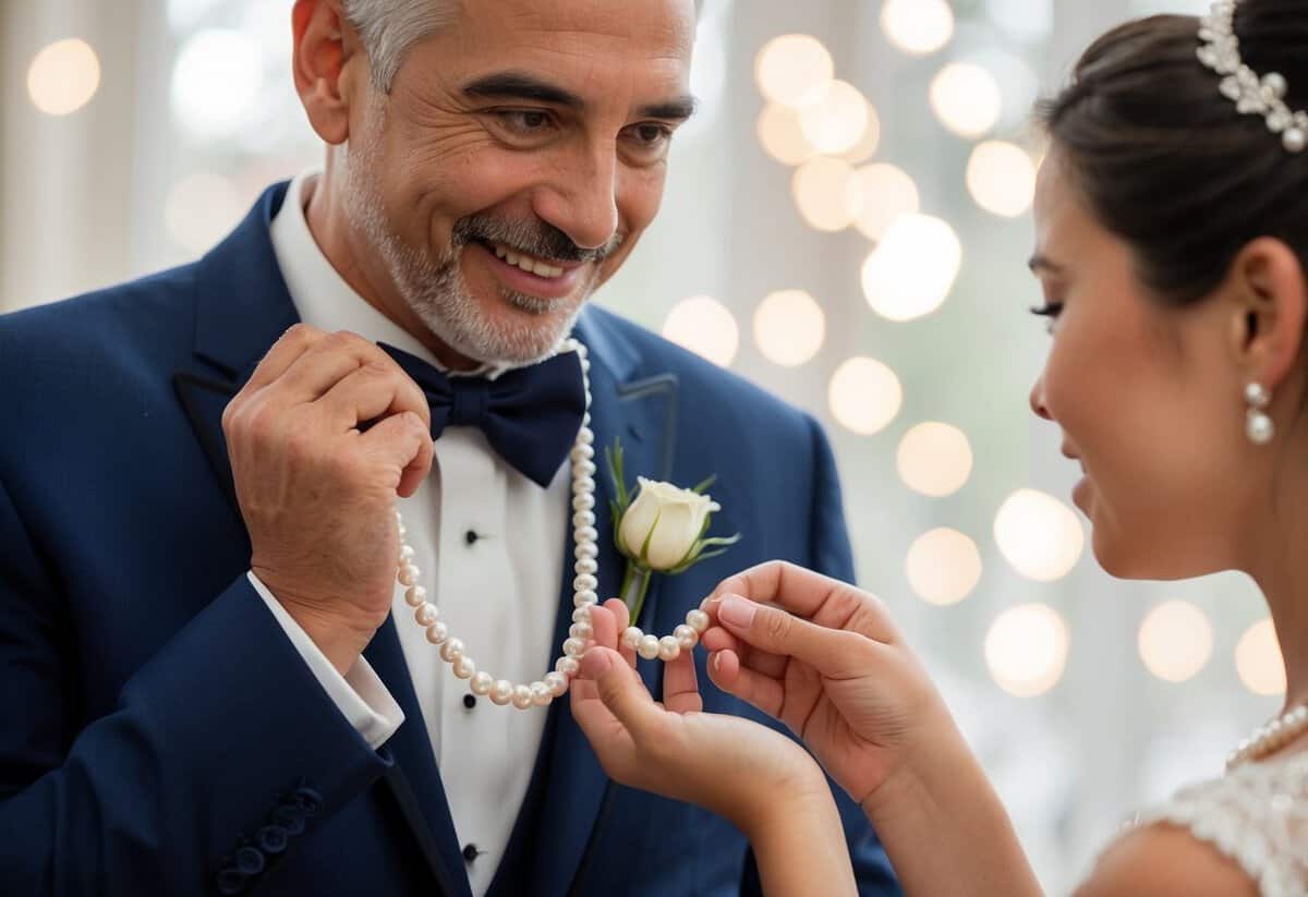 A father presents a delicate pearl necklace to his daughter on her wedding day