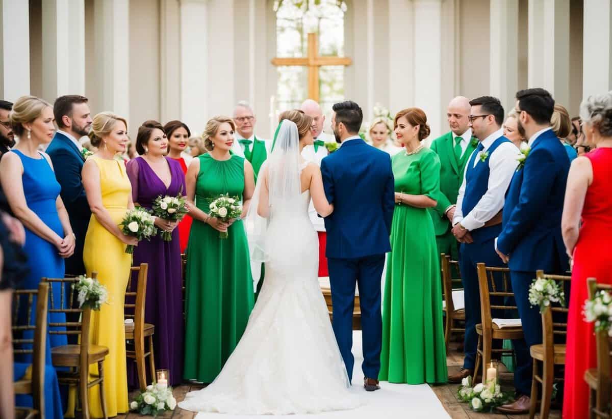 A wedding scene with guests dressed in various colors, but no one wearing green. The bride and groom stand at the altar, while a debate about green attire unfolds among the guests
