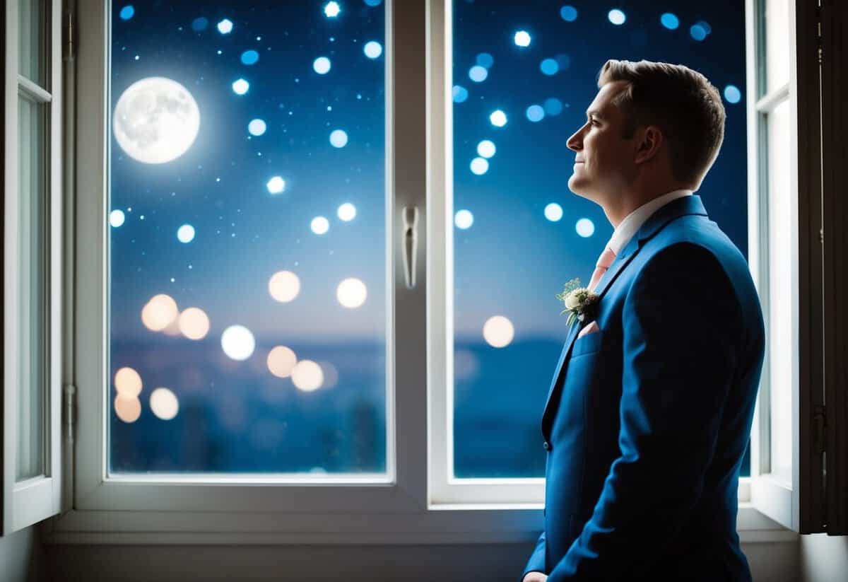 A groom standing outside a moonlit window, looking wistfully at the stars