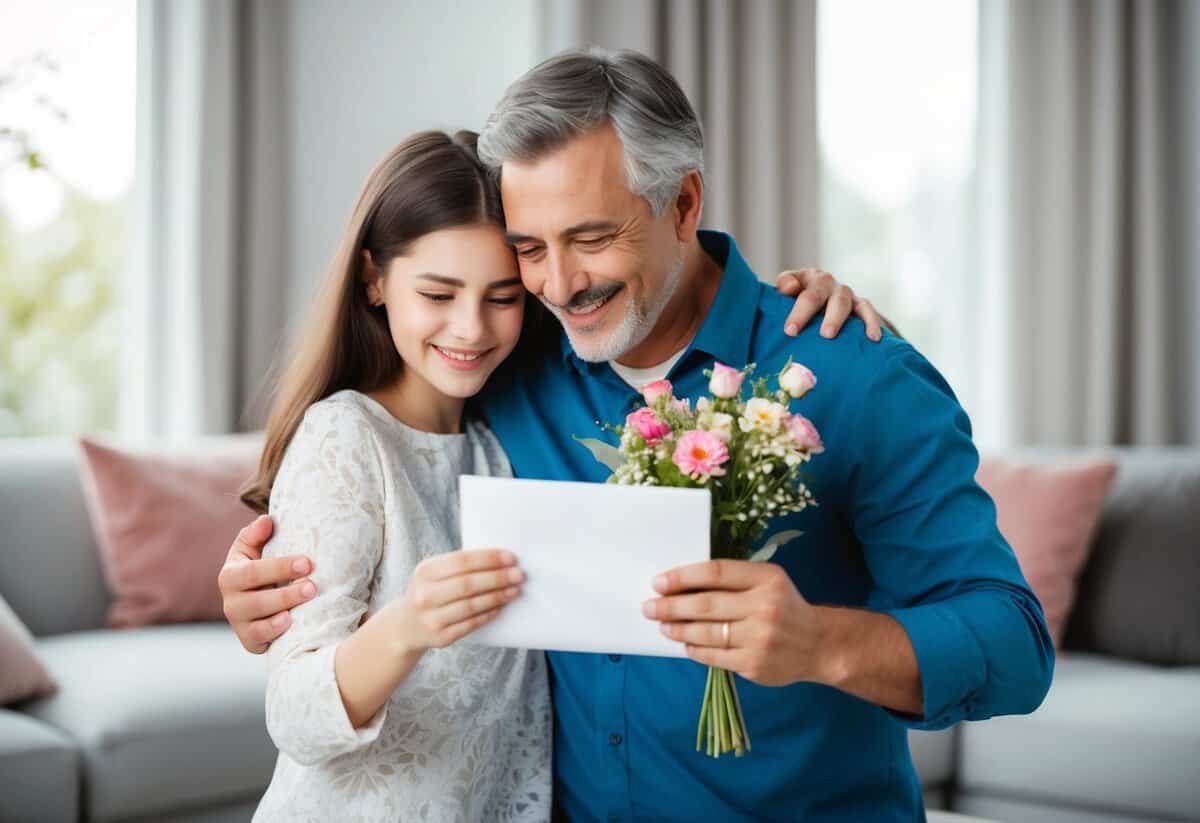 A father embracing his daughter with a warm smile, offering her a delicate bouquet of flowers and a heartfelt letter