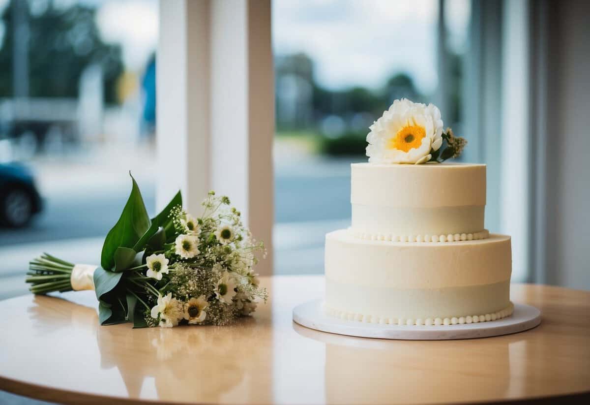 A wedding cake sits untouched, while a bouquet of flowers wilts nearby