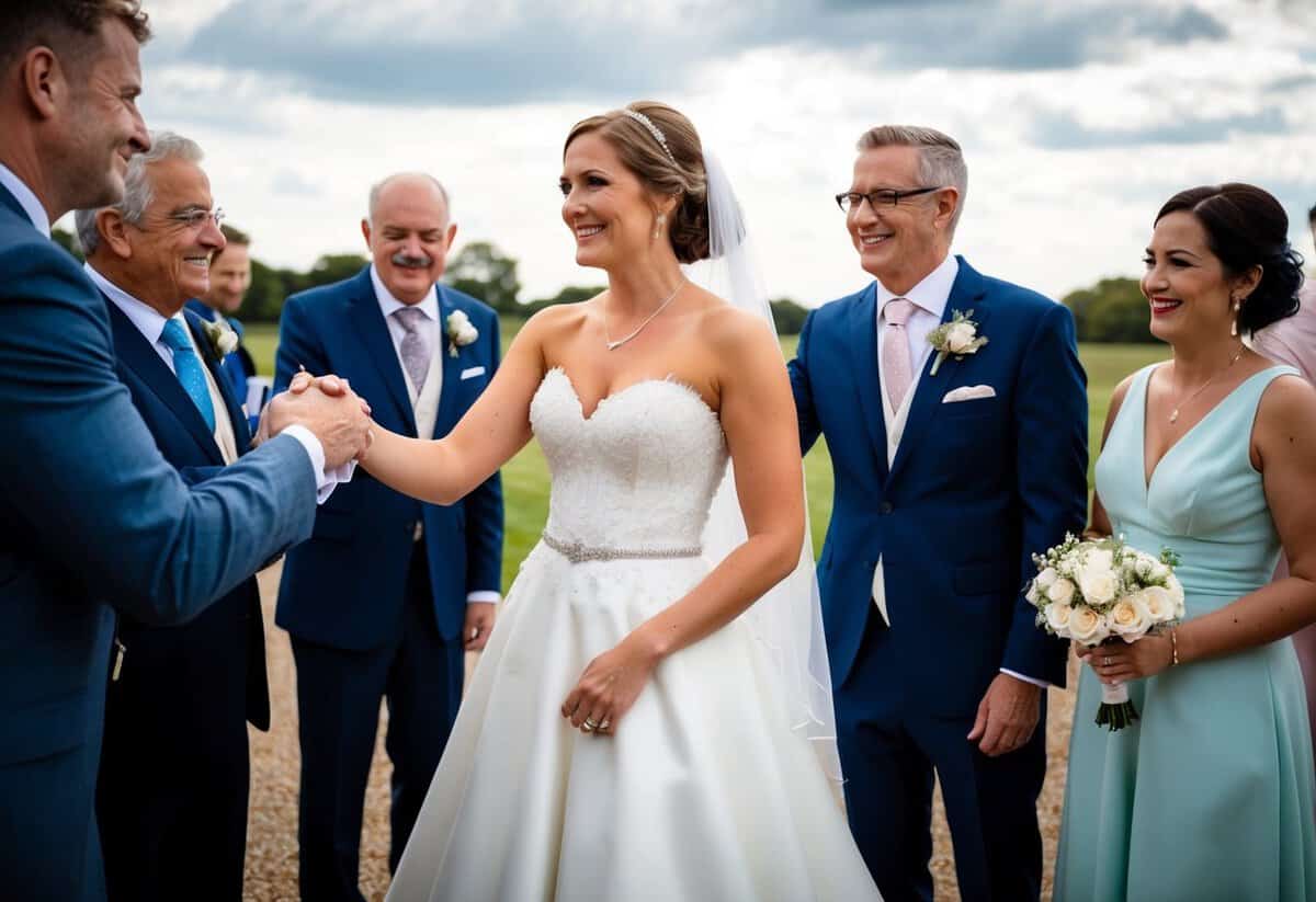 A bride stands with guests, receiving well-wishes. A guest offers a handshake, while another offers a smile and a nod