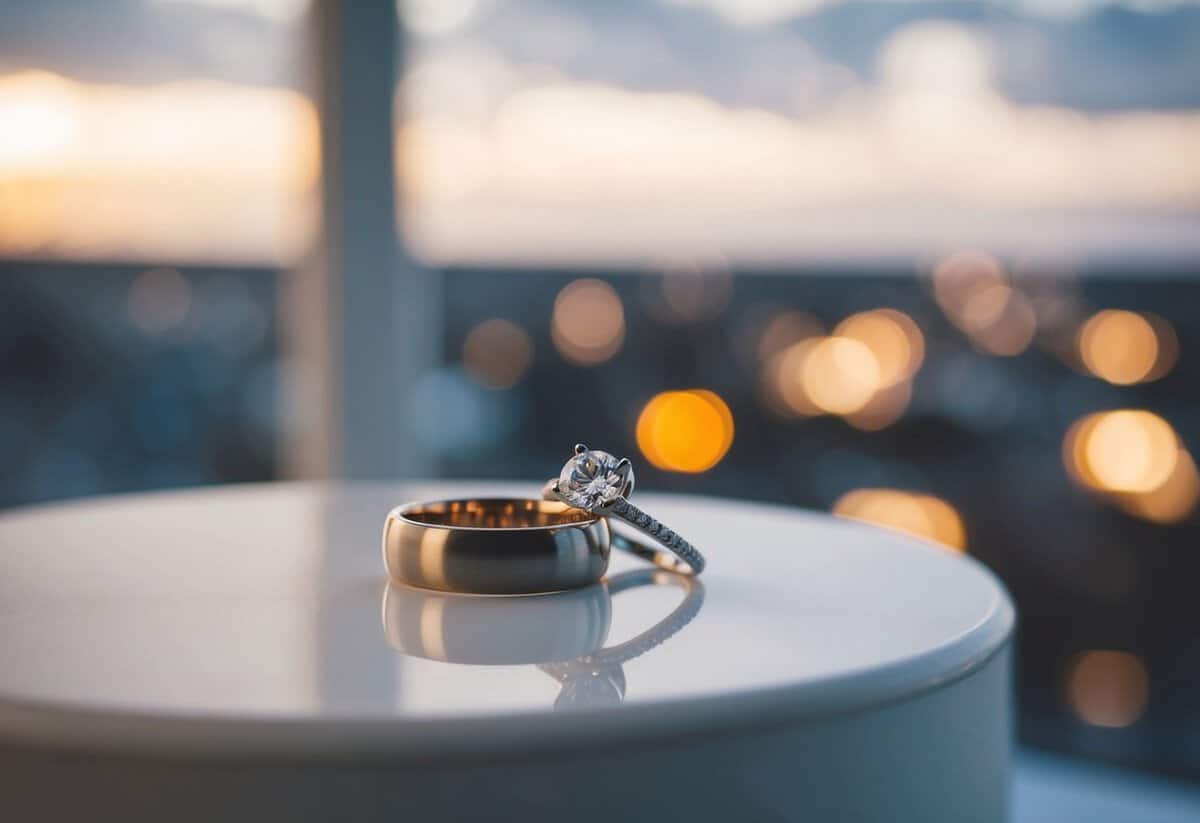A wedding band rests on a bedside table next to an engagement ring