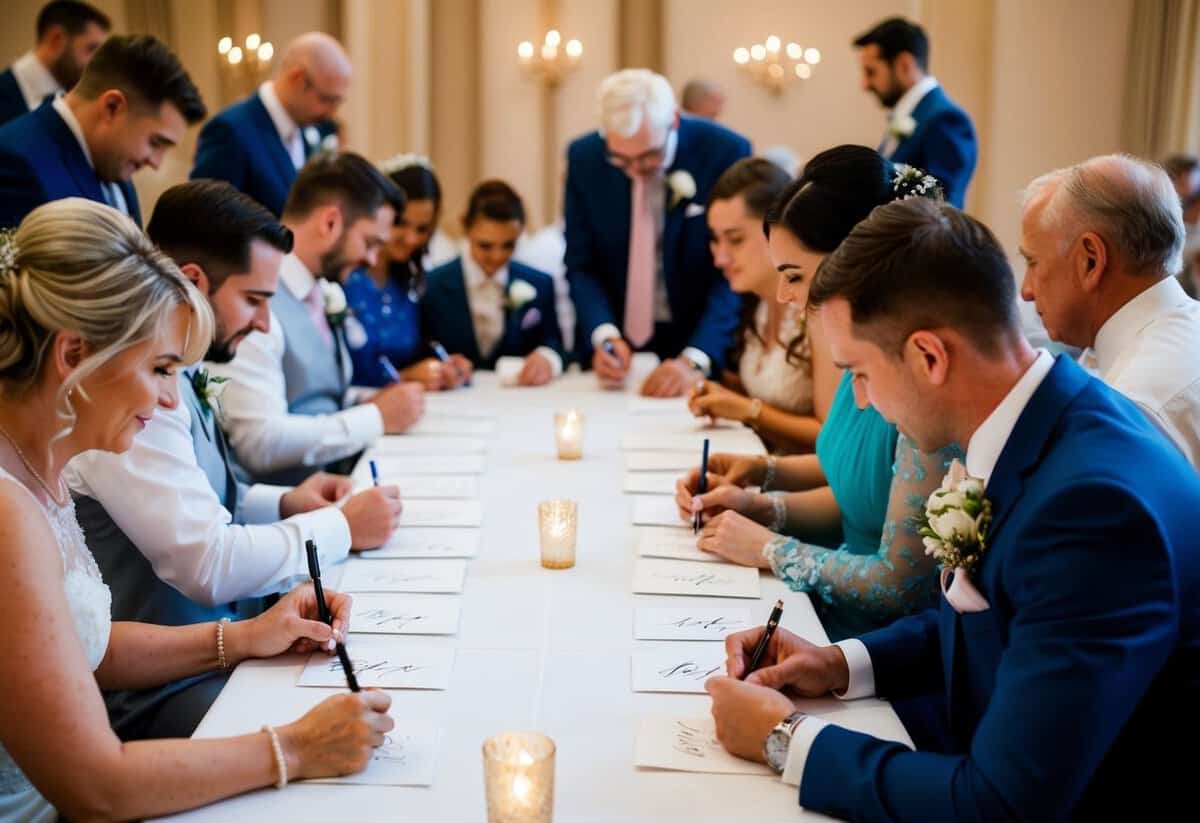 A group of wedding guests gathered around a table, writing heartfelt messages in elegant calligraphy on small cards