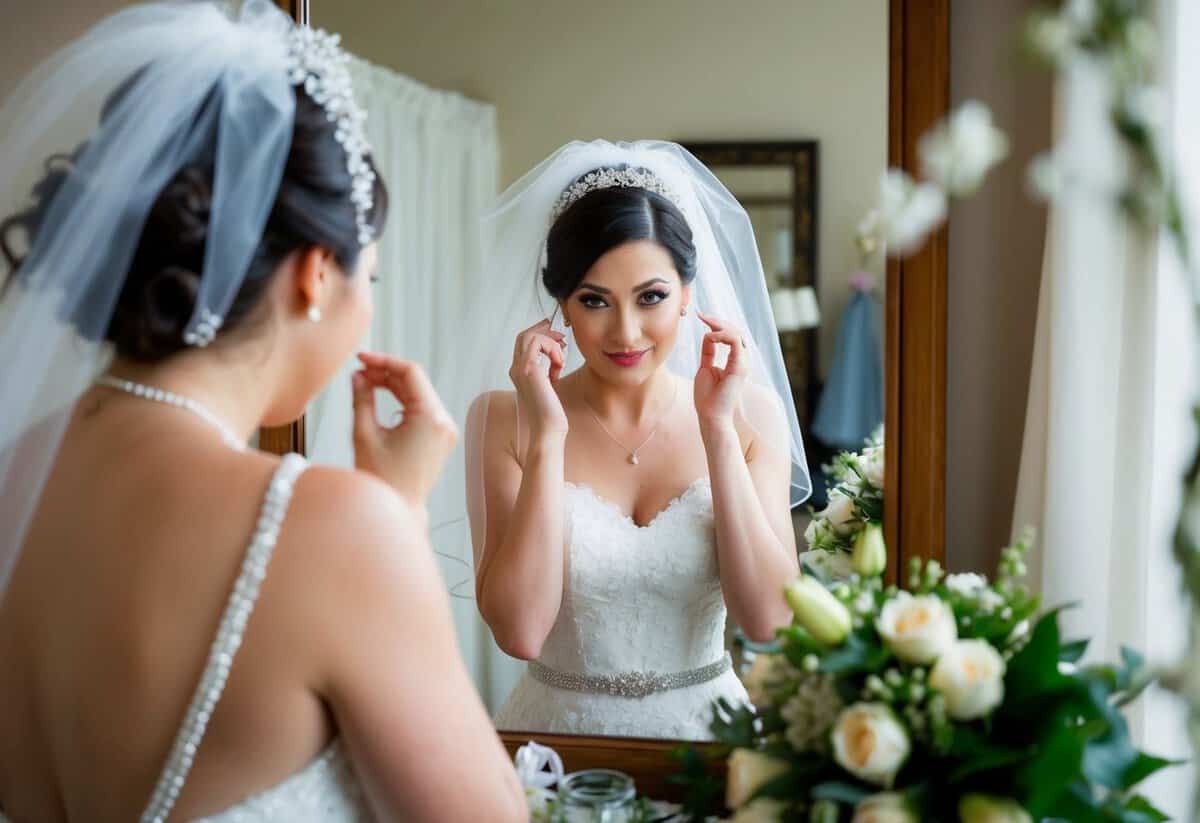 A bride nervously fidgets with her veil, checking her reflection in a mirror, surrounded by a clutter of wedding accessories and a bouquet of flowers