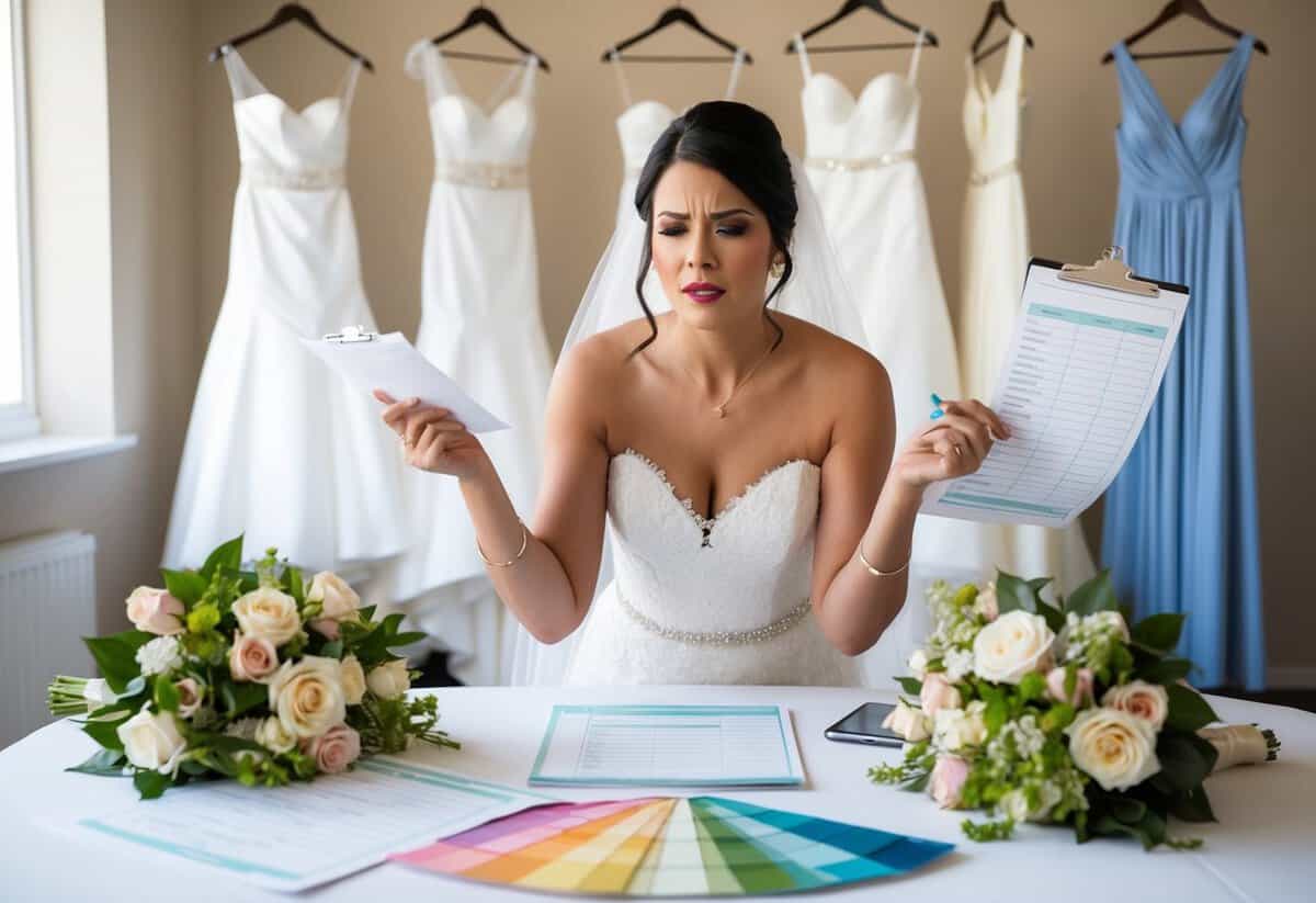 A bride surrounded by wedding dresses, flowers, and checklists. She looks stressed while juggling seating charts and color swatches
