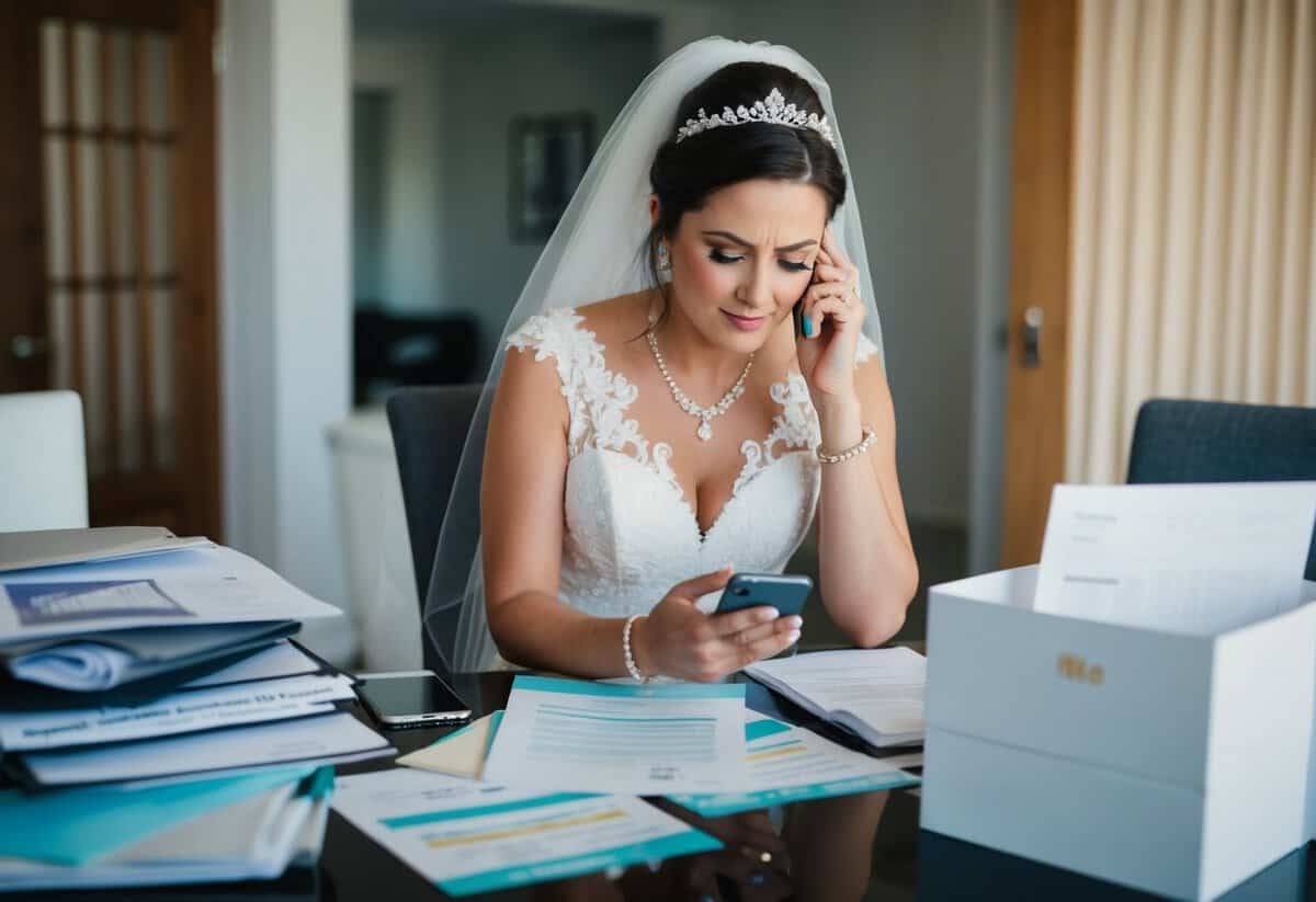 A bride sits surrounded by wedding planning materials, looking stressed while checking her phone for messages
