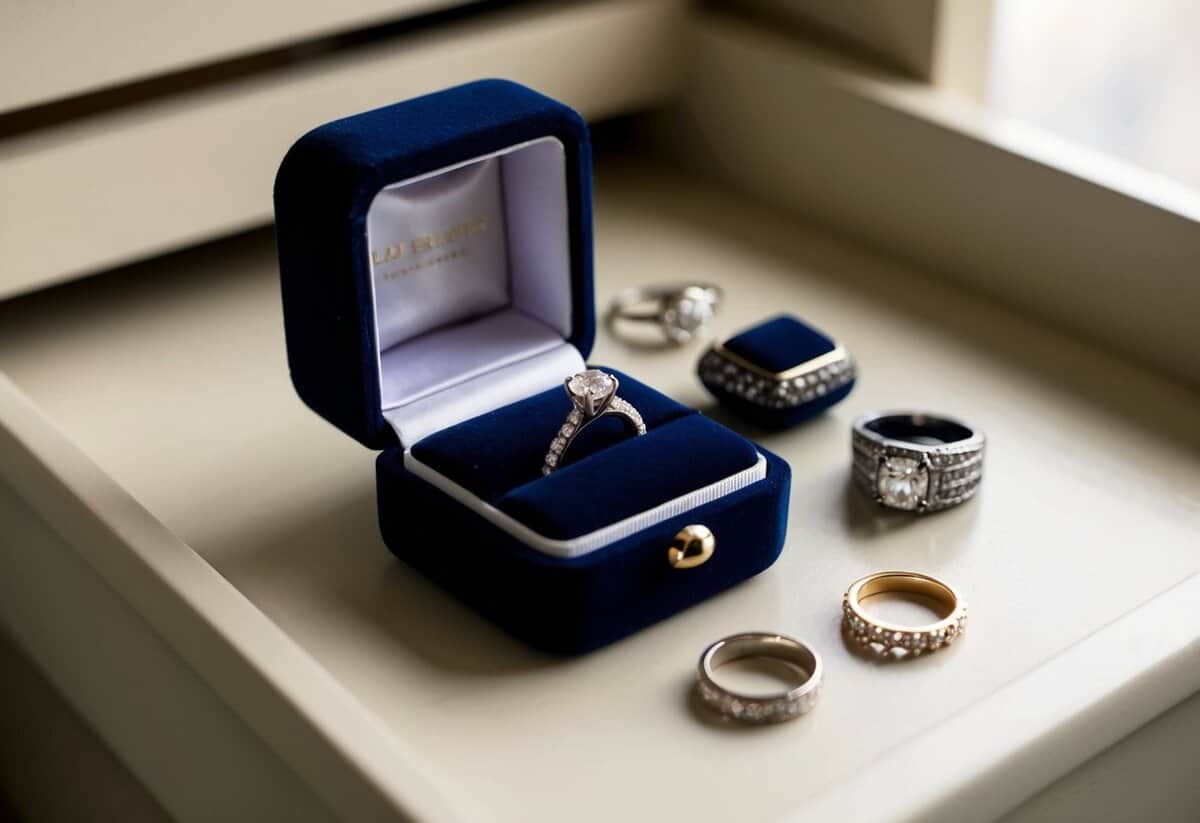 A small velvet jewelry box sits open on a dresser, revealing a sparkling engagement ring nestled among other carefully arranged rings