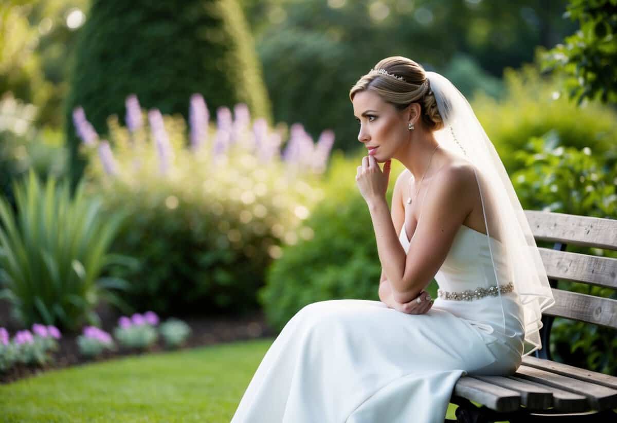 A bride sitting alone on a bench, surrounded by a serene garden, deep in thought with a worried expression on her face
